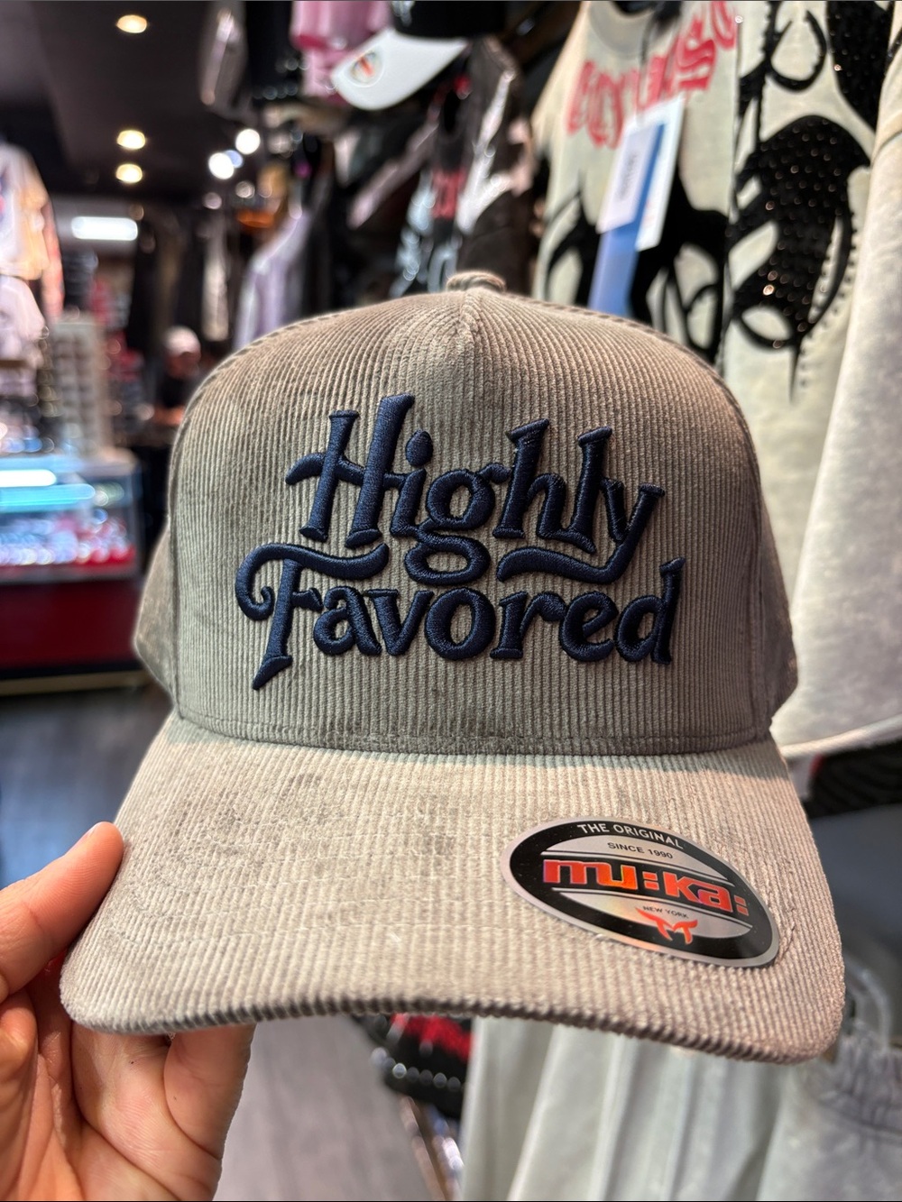 Highly Favored Corduroy Hat with Navy Embroidery